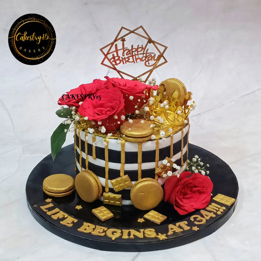 1.5kg chocolate cake for 34th birthday,topped with real roses and baby breath,cakestry15,noida,cake for her,cake for wife,cake for teen
