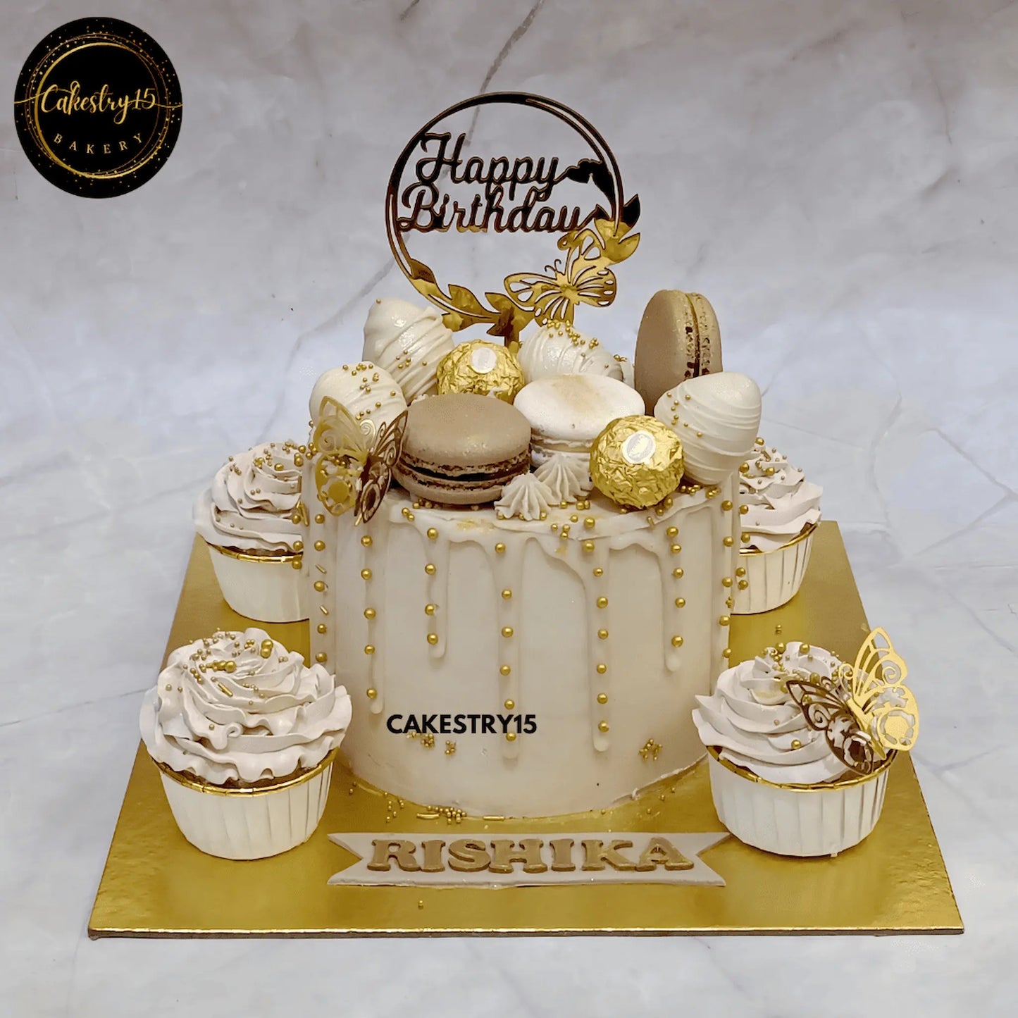 1kg butterscotch 13th birthday cake with macarons, strawberries, and cupcakes for girls by cakestry15,best bakery in noida