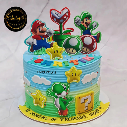 1kg mario theme chocolate first birthday cake by cakestry15 noida,cake full image