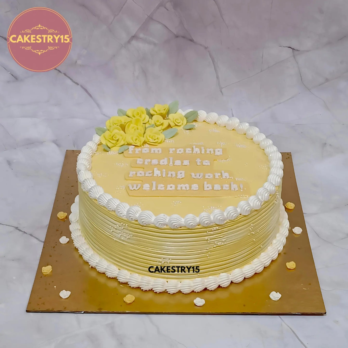 2kg pineapple welcome back corporate cake with yellow icing and fondant roses by cakestry15 noida
