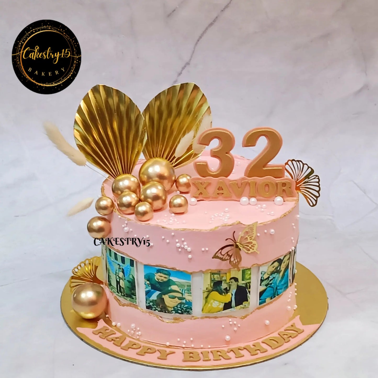 2kg black forest for 32nd birthday,decorated with golden faux balls and family pictures,cake for husband by cakestry15,noida,cake full image