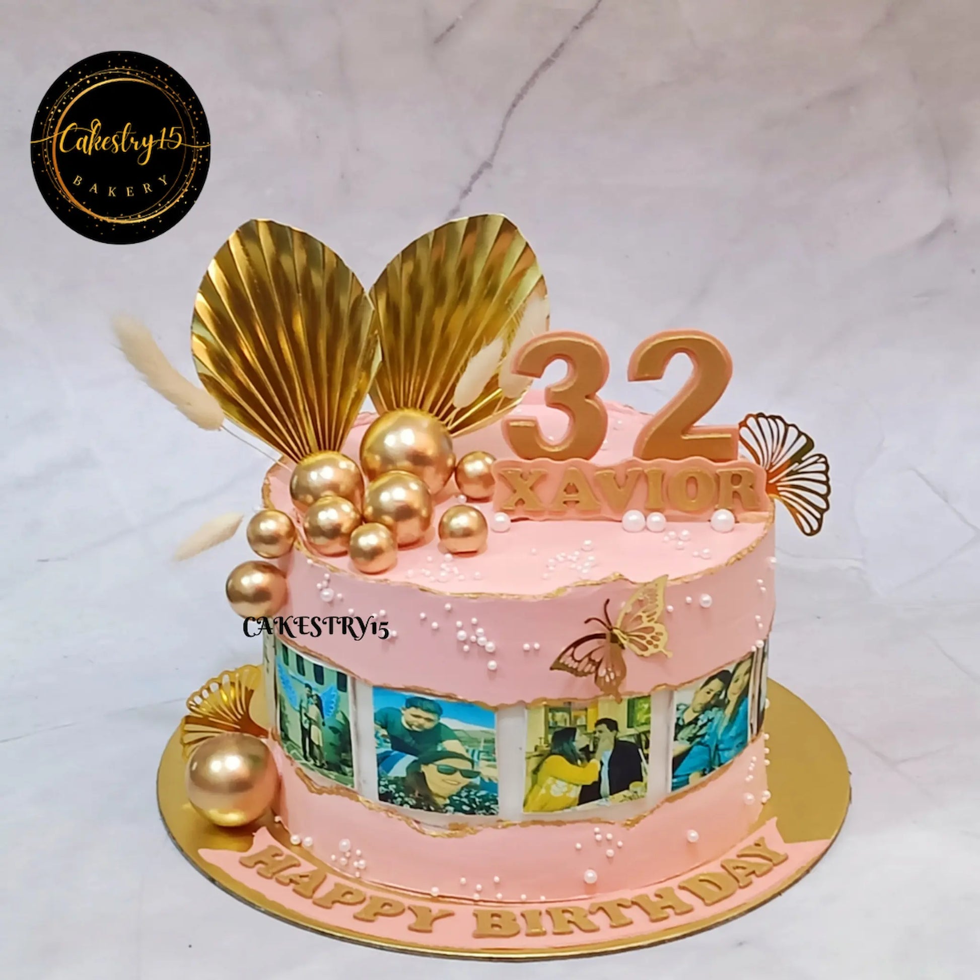 2kg black forest for 32nd birthday,decorated with golden faux balls and family pictures,cake for husband by cakestry15,noida,cake full image