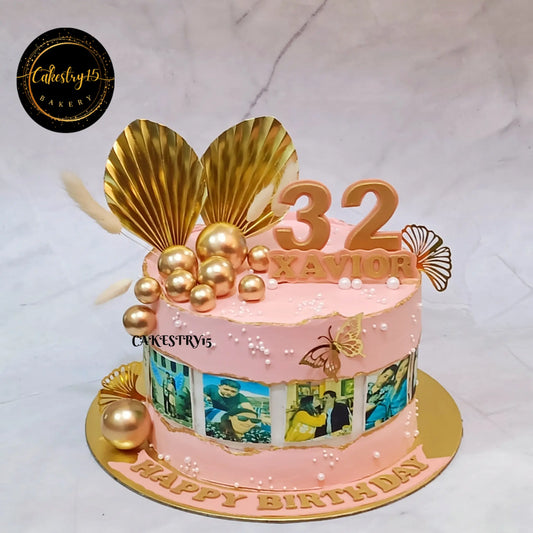 2kg black forest for 32nd birthday,decorated with golden faux balls and family pictures,cake for husband by cakestry15,noida,cake full image