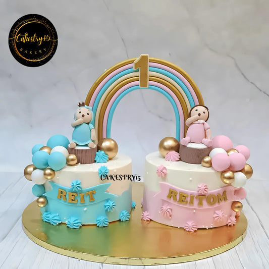 3kg chocolate twins first birthday cake by cakestry15 noida,cake full image