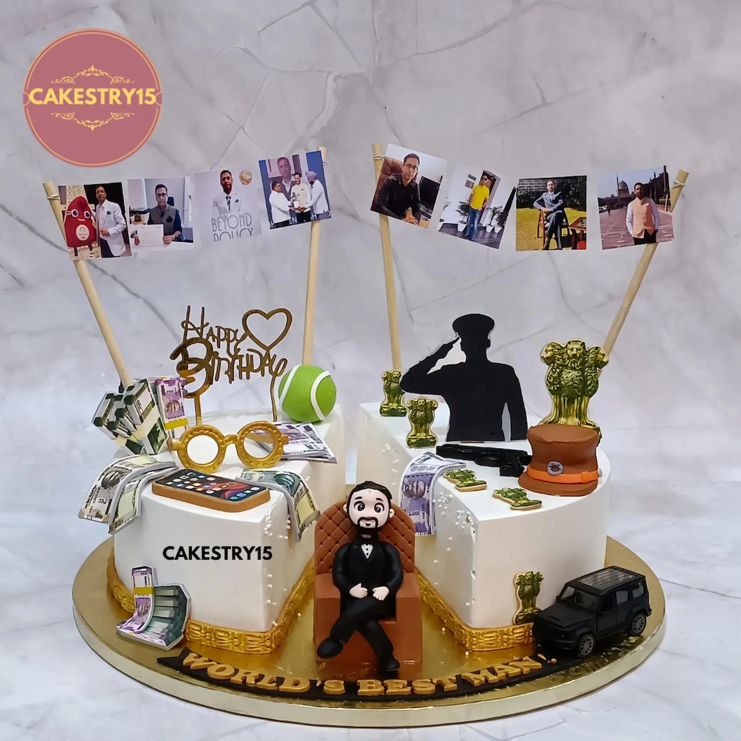 Eggless 40th birthday butterscotch cake for men with army, car and luxury life theme by Cakestry15 Noida