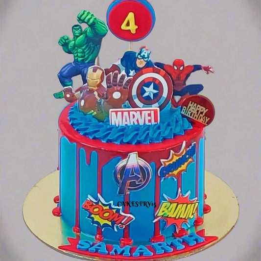 Avengers Theme,1kg size,chocolate flavour,4th birthday Cake by Cakestry15 Noida,full image