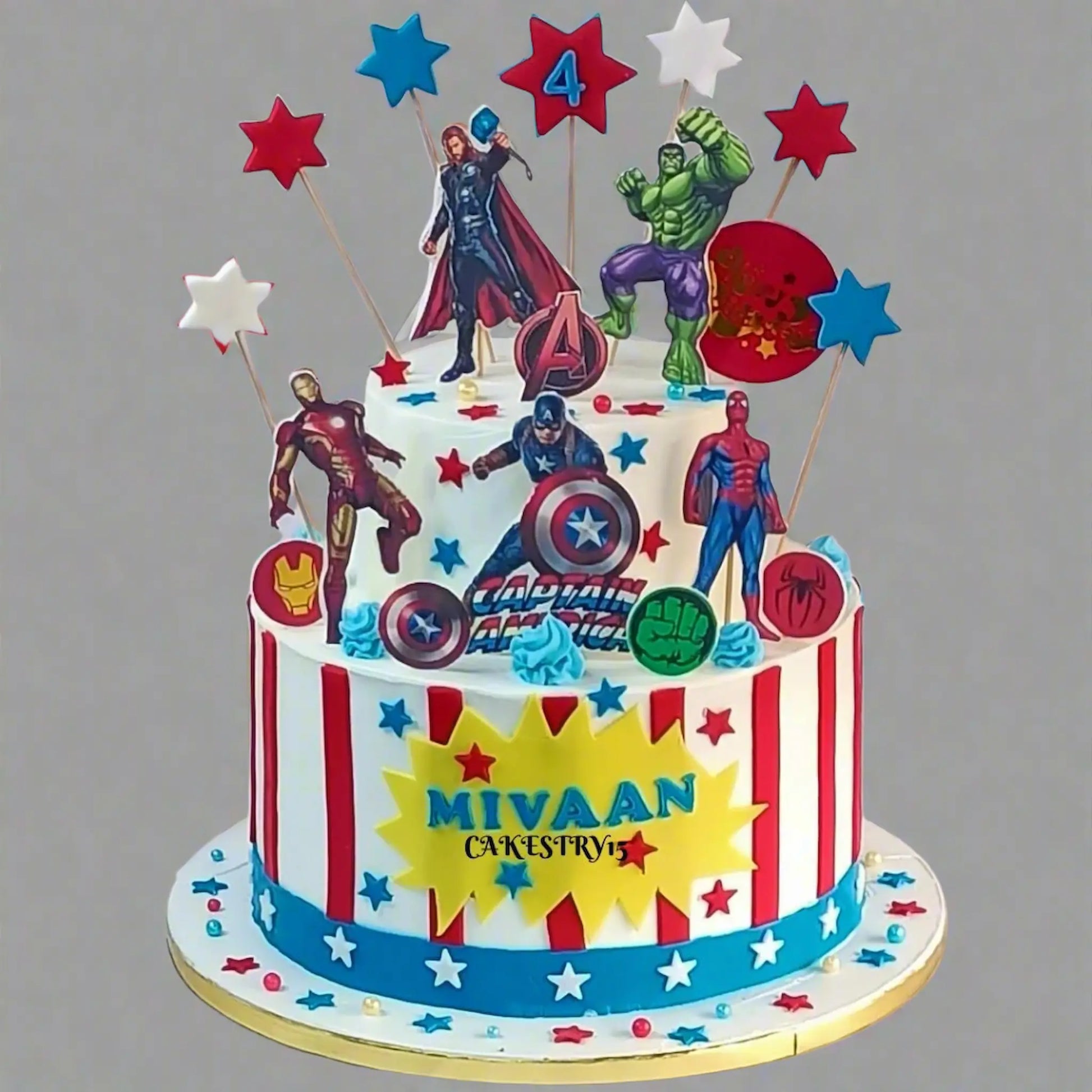 Avengers Theme,5kg size,2tier,pineapple flavor,4th birthday Cake by Cakestry15 Noida,full image