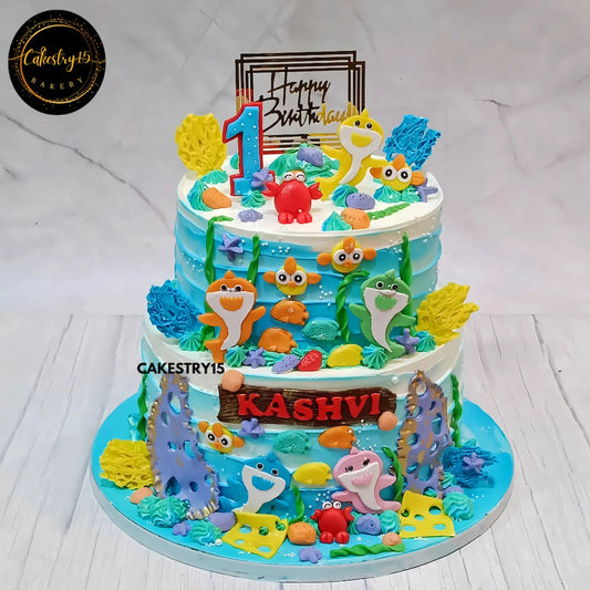 Baby Shark Lagoon Cake,5kg chocolate first birthday cake by cakestry15 noida,cake full image