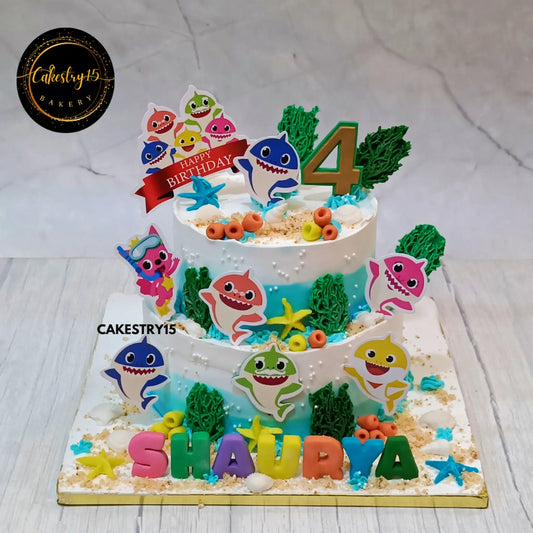 Baby Shark Splash Cake,2kg black forest 2tier 4th birthday cake by cakestry15 noida,cake full image,cake for boys,cake for girls