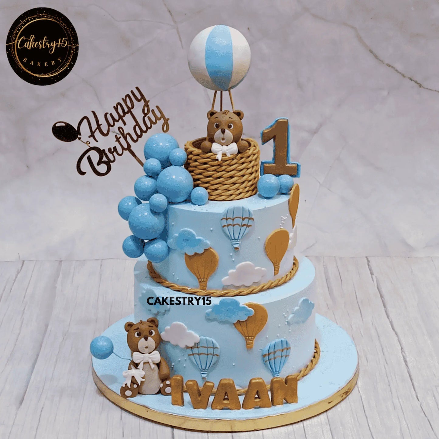 Ballooning with Teddies 3kg mixed fruit first birthday Cake for ivaan by cakestry15,noida,cake full image in blue colour