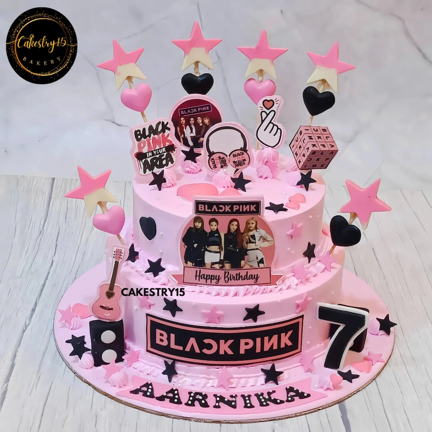 Black Pink Elegant 3kg Chocolate 2tier 7th birthday cake,chocolate stars cake,full image