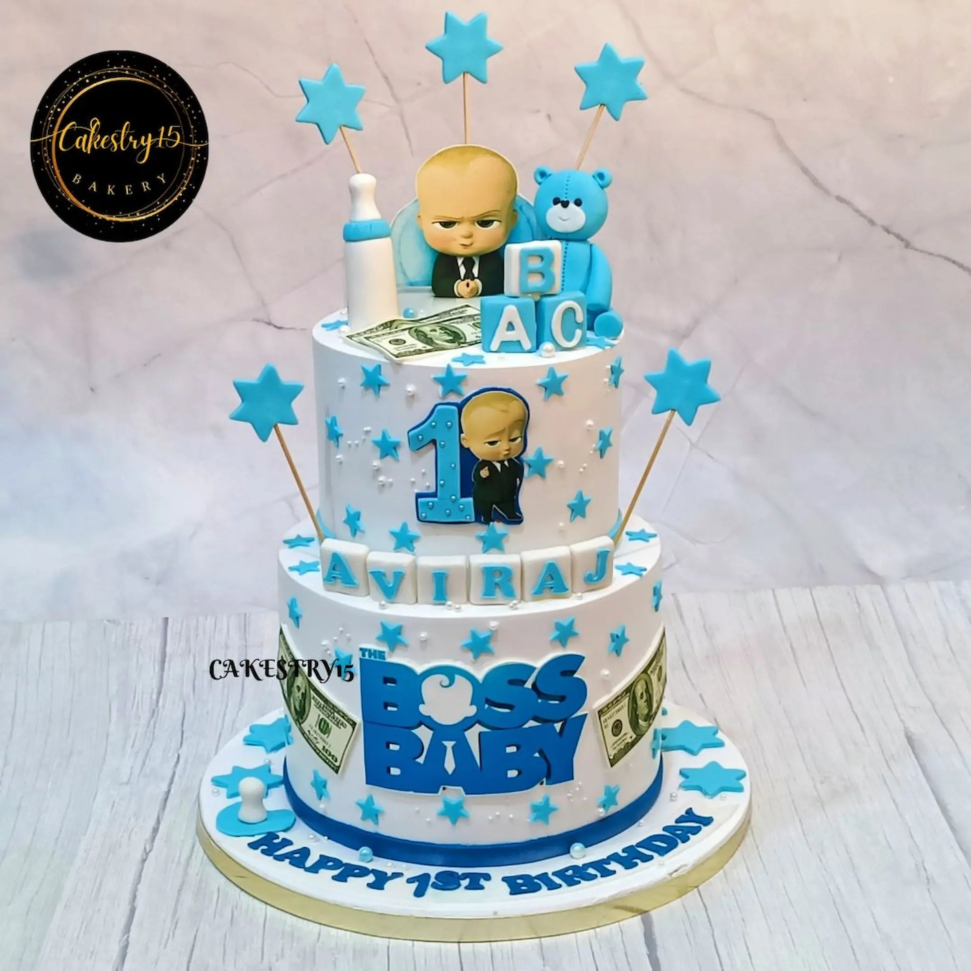 Boss Baby Teddy ,3kg size,2tier,blueberry flavor,first Birthday Cake by vakestry15 noida,full image