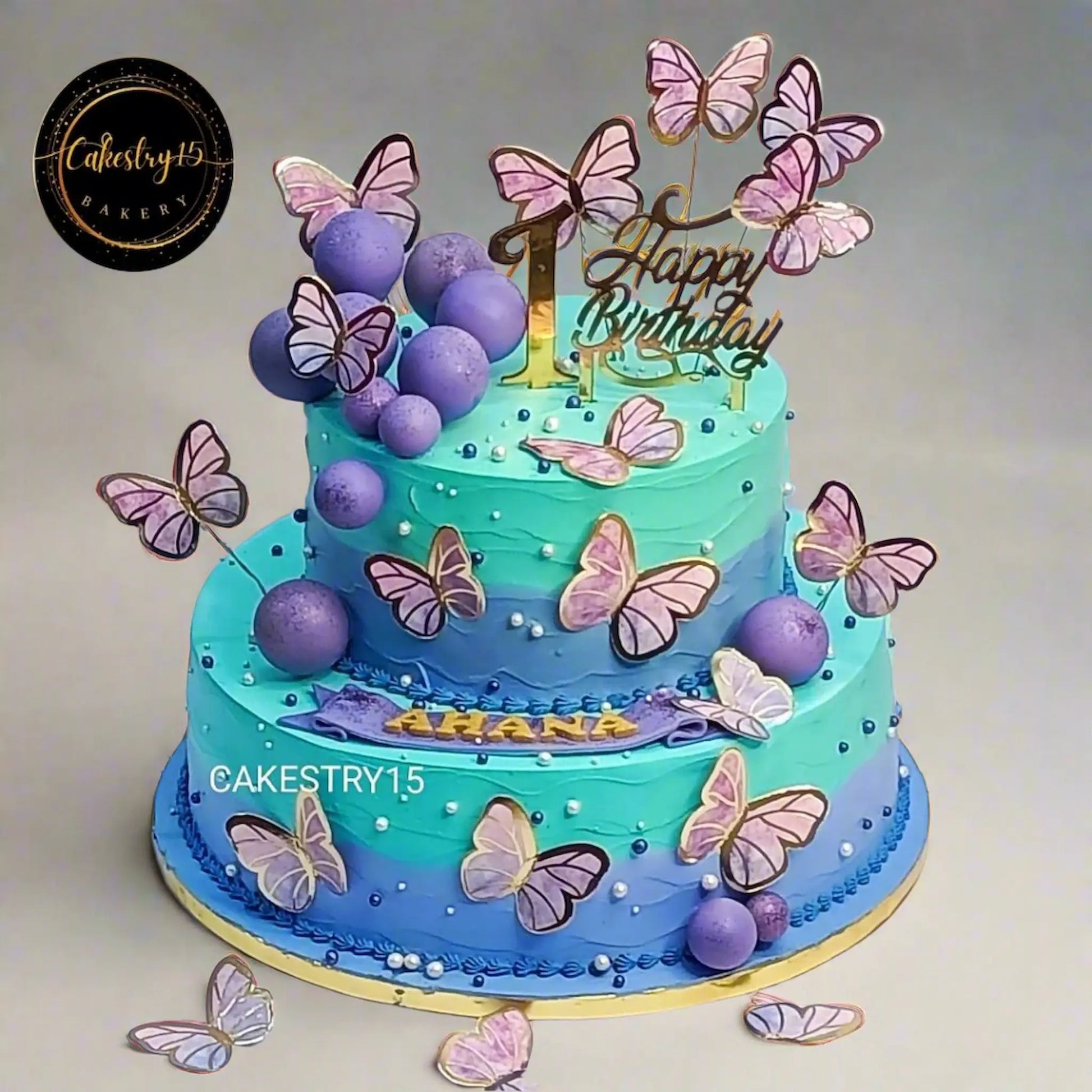 Butterfly Lavender 5kg butterscotch first birthday Cake by cakestry15 noida,full image