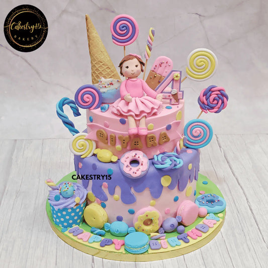 Candylicious 4th Birthday Cake ,3kg 2tier pineapple cake for girls by cakestry15 noida,cake full image