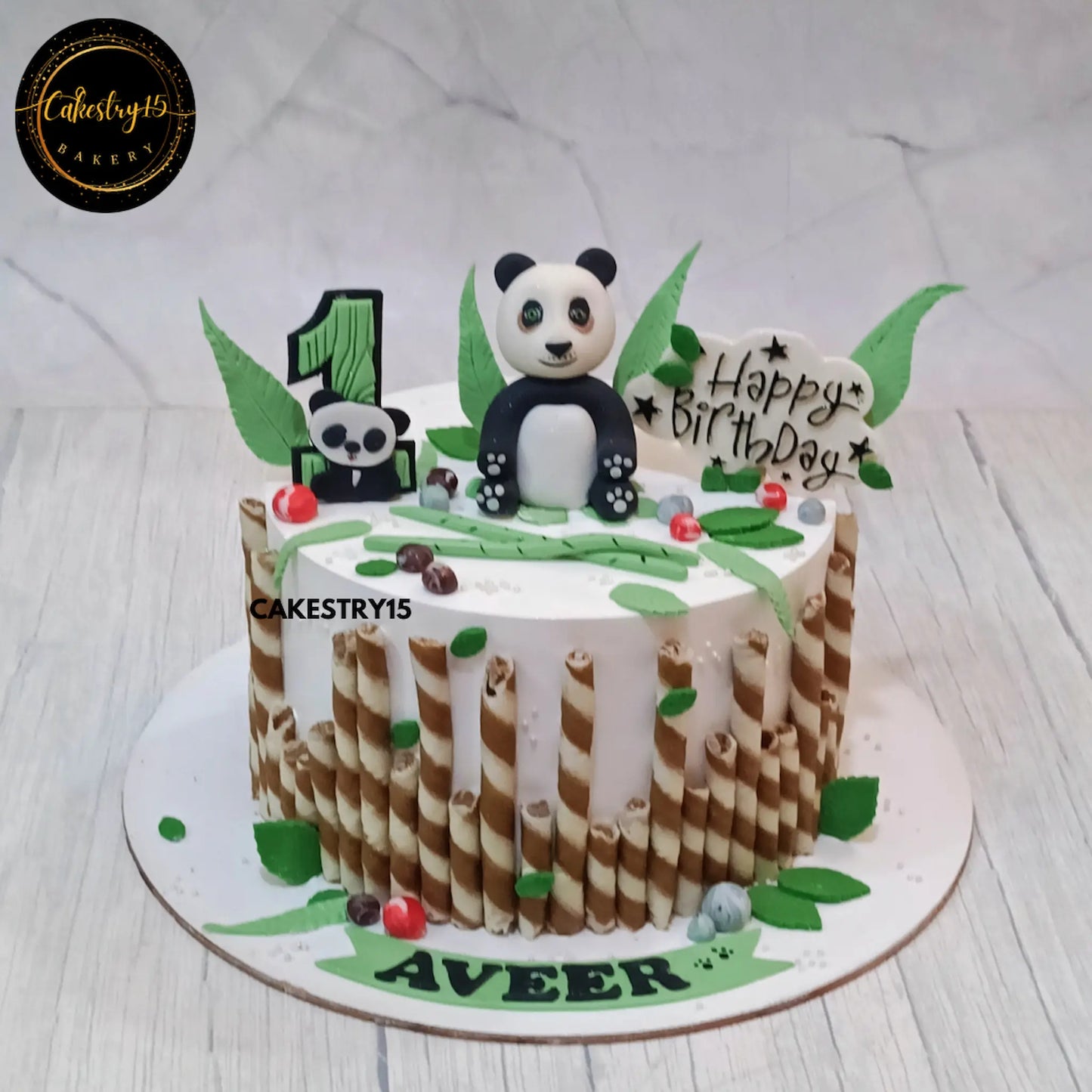 Chocolate Vanilla Panda Delight,1.5kg first birthday cake for boy by cakestry15 noida,cake full image