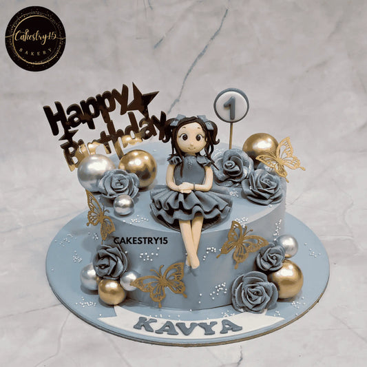 Doll Theme 1.5kg pineapple flavour,first birthday cake for a girl by cakestry15 noida,cake full image