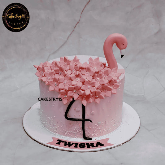 Flamingo Blossom Delight,2kg pineapple flavour 4th birthday for a girl by cakestry15 noida,cake full image