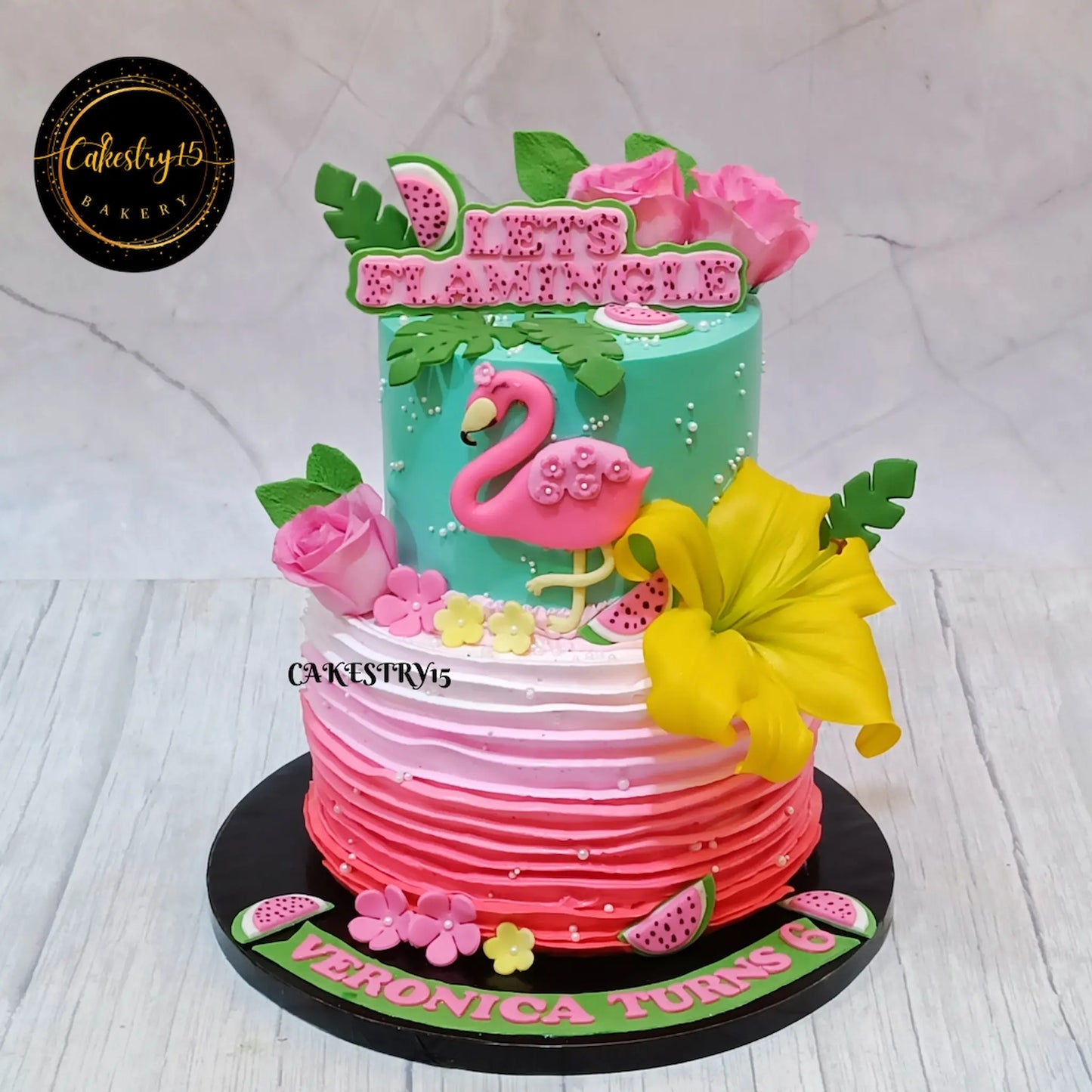 Flamingo theme 3kg size 2tiered butterscotch flavor 6th birthday Cake by cakestry15 noida,full image