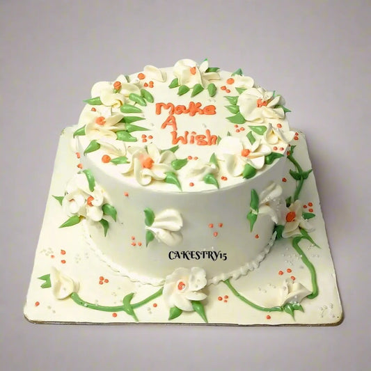 Floral Ivory 1kg choco chip birthday cake by cakestry15,noida,full cake image