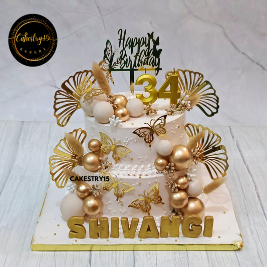 Golden Elegance Cake,2kg pineapple 2tier 34th birthday cake for wife by cakestry15 noida,cake for girls,cake full image