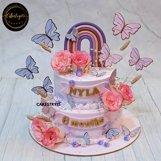 Half-Year Floral Fantasy,2kg 2tiered halfway to one butterscotch cake by cakestry15 noida,cake full image