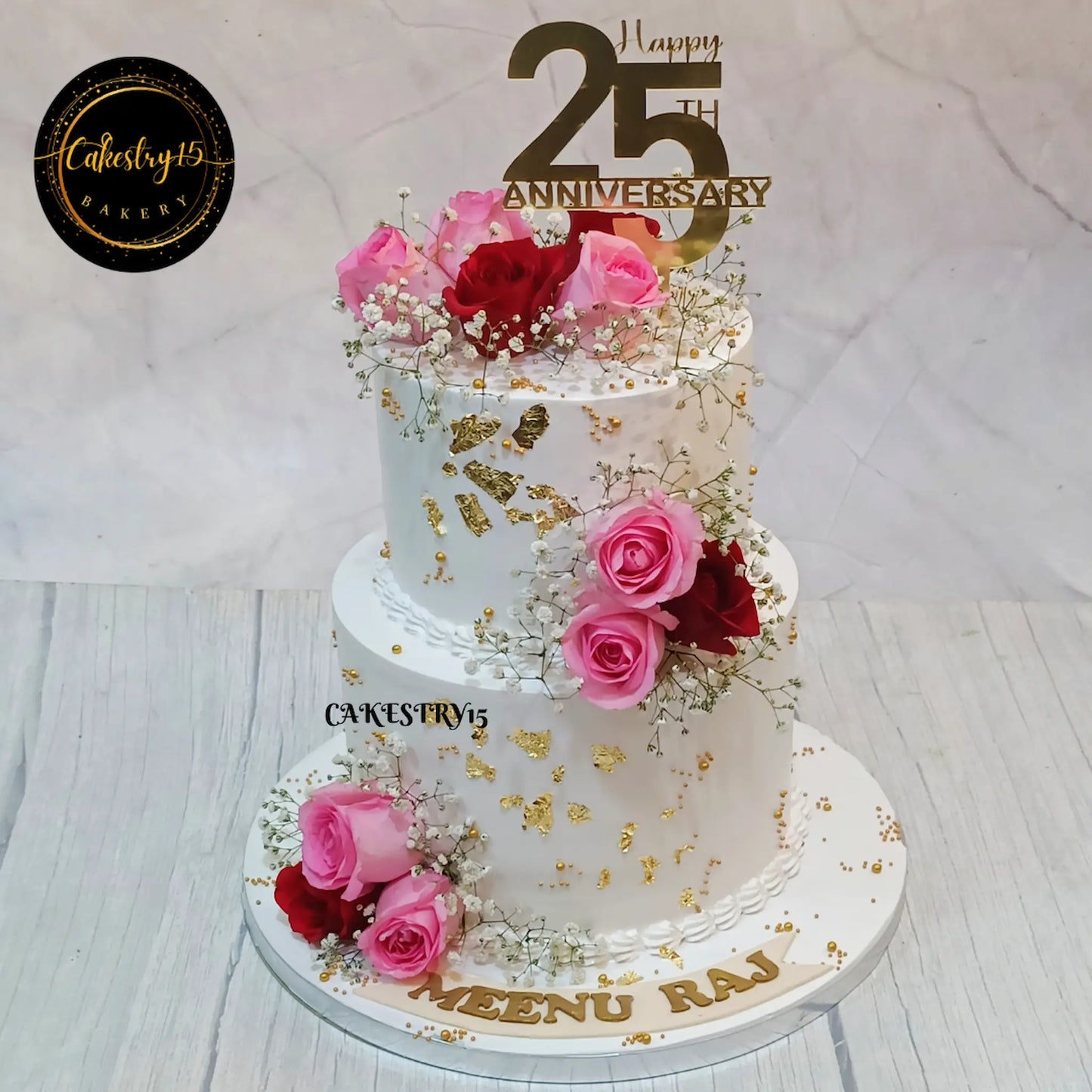 Happy 25th Anniversary floral 3kg size 2tier butterscotch flavor cake by cakestry15,noida,full image