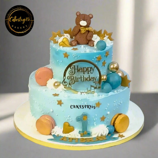Happy Birthday Blue Teddy 3kg black forest first birthday cake by Cakestry15 noida,cake full image