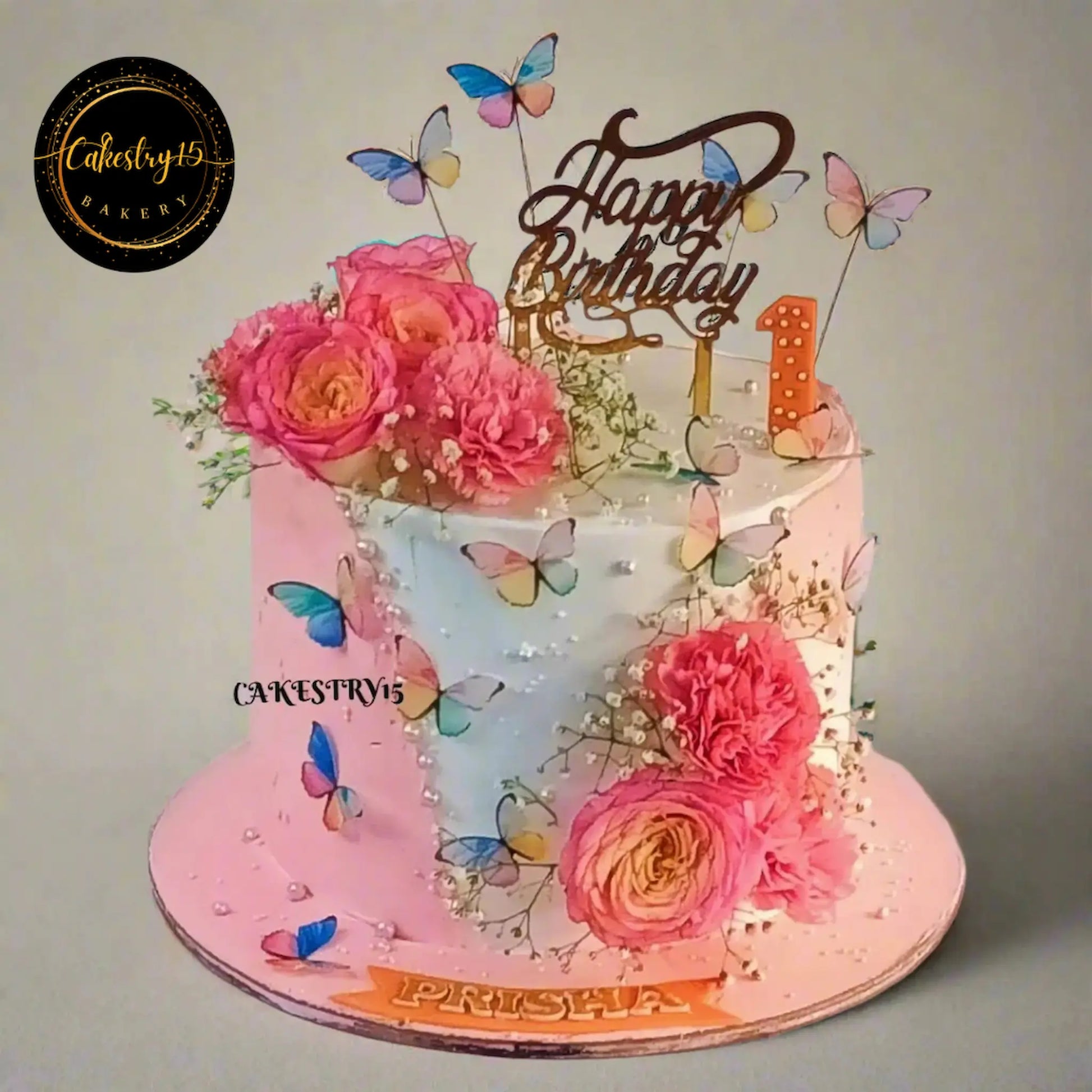 Happy Birthday Floral Rosette 2kg strawberry first birthday cake by cakestry15 noida,cake full image