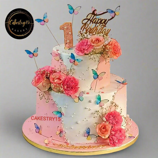 Happy Birthday Floral Rosette 5kg pineapple first birthday Cake by cakestry15,noida,cake full image