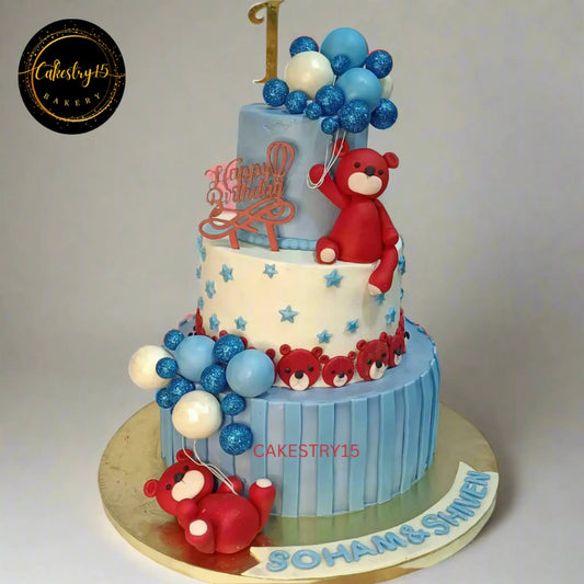 Happy Birthday Red Teddy 5kg 3tier chocolate first birthday Cake for twins by cakestry15,noida,cake full image