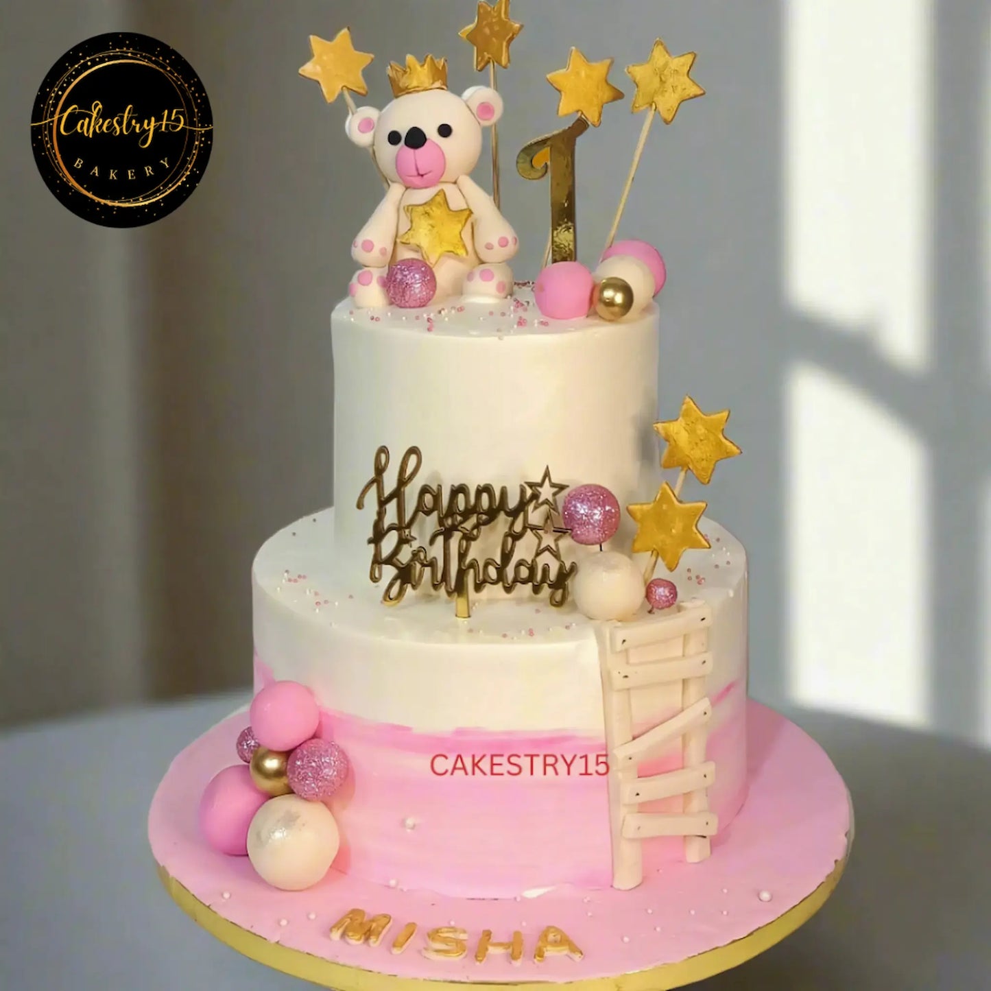 Happy Birthday Teddy Theme 3kg butterscotch first birthday Cake by cakestry15 noida,cake full image