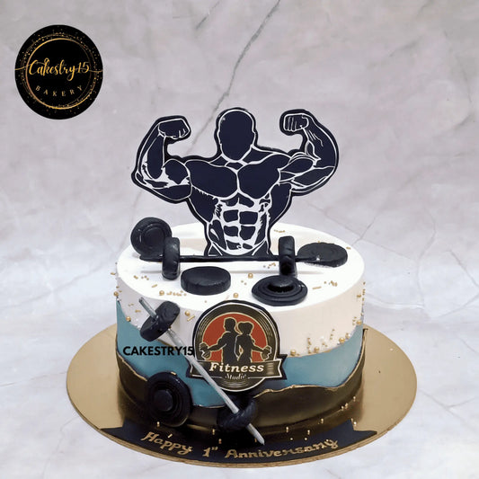 Iron Gains Anniversary Cake,1kg chocolate flavour first anniversary cake for a gymnasium by cakestry15 noida,cake full image