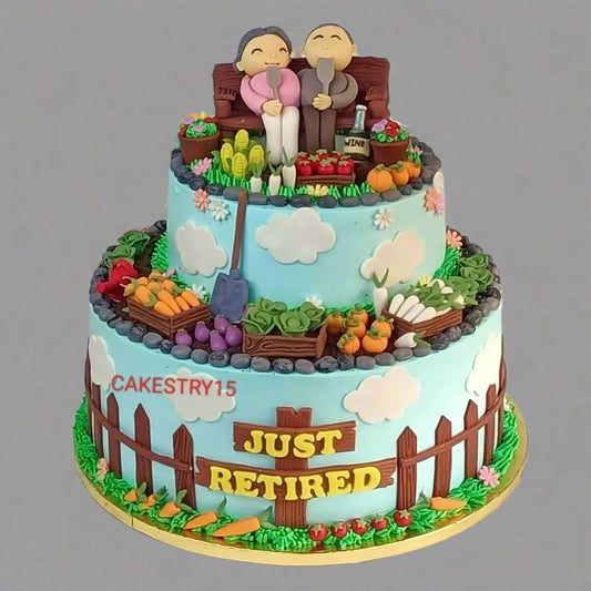 Just Retired 5kg Theme butterscotch Cake by cakestry15,noida,cake full image