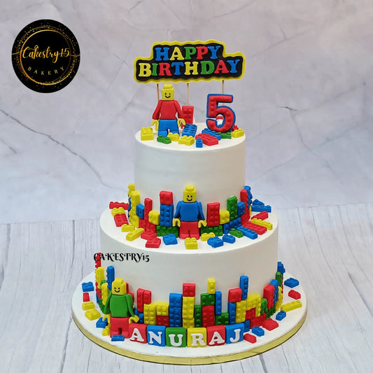 Lego theme 4kg 2tier pineapple 5th birthday cake,cakestry15,noida,cake full image