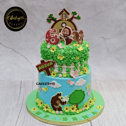 Masha’s Forest Wonderland,3kg choco vanilla flavour 6th birthday cake for a girl by cakestry15 noida,cake full image