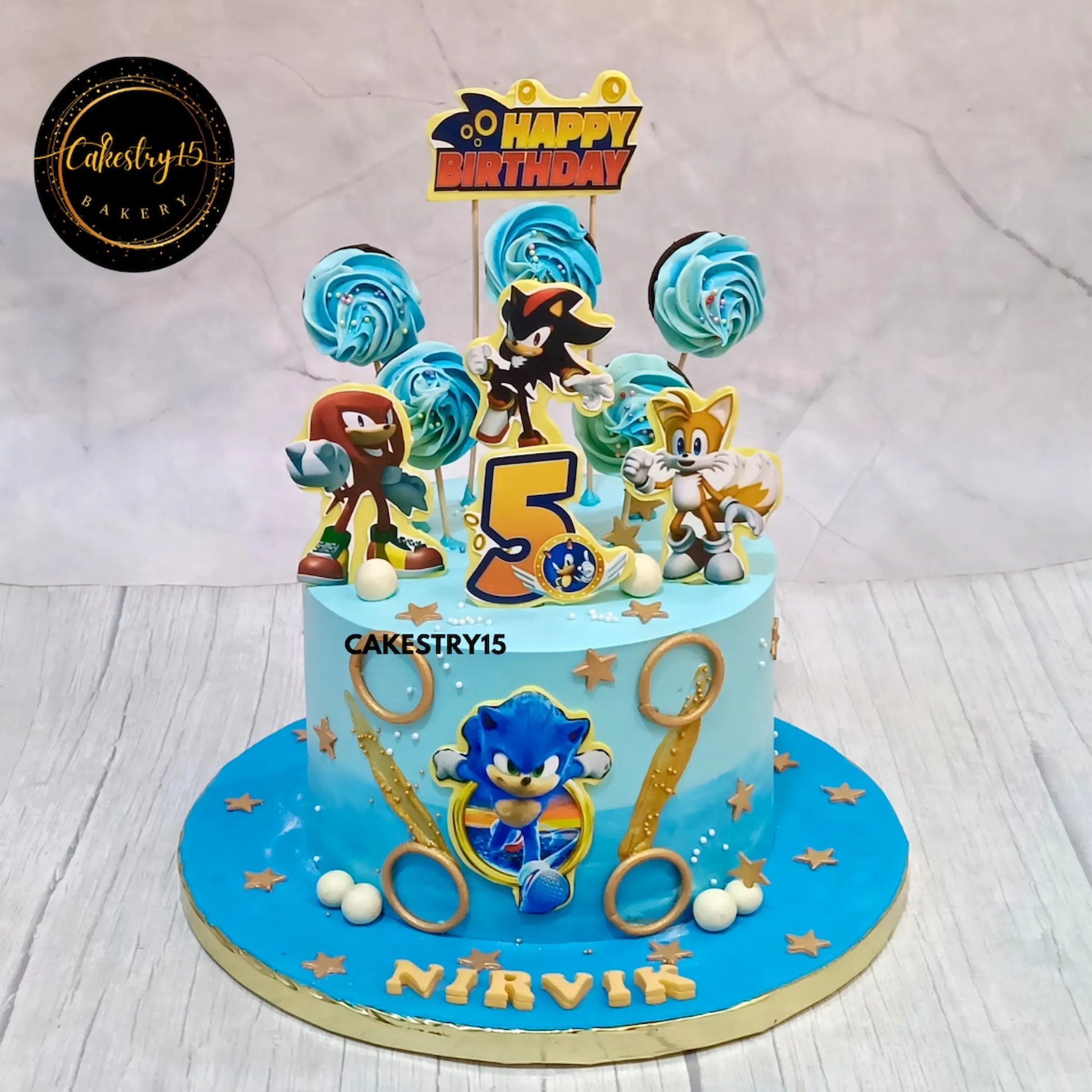 Sonic-themed 2kg choco chip birthday cake with edible characters from Cakestry15