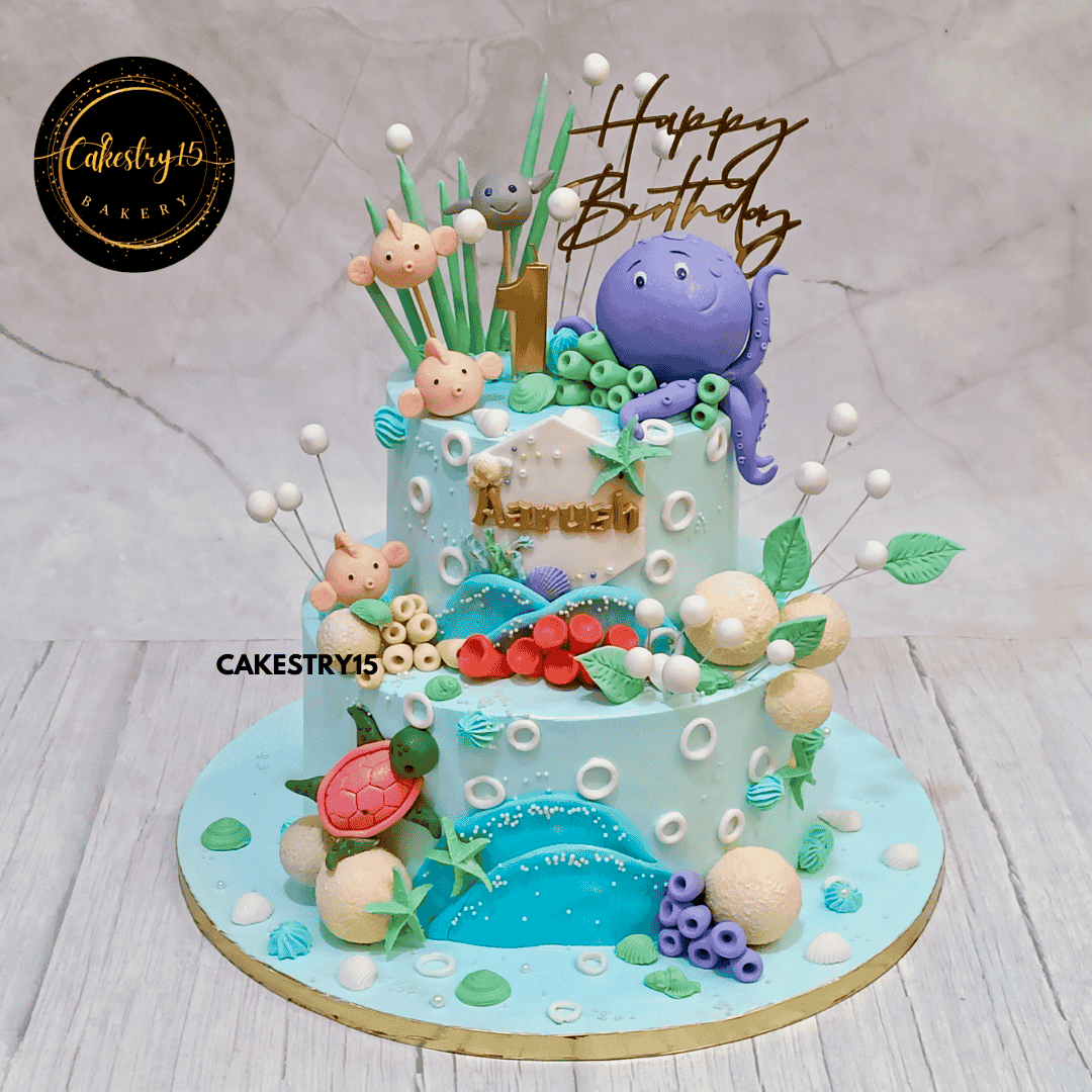Ocean Wonders Birthday,4kg chocolate truffle under sea theme first birthday cake by cakestry15 noida,cake full image