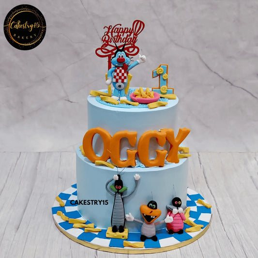 Oggy & The Cockroaches Birthday Blast,3kg choco butterscotch first birthday cake for a boy by cakestry15 noida,cake full image,cake full image,oggy cartoon