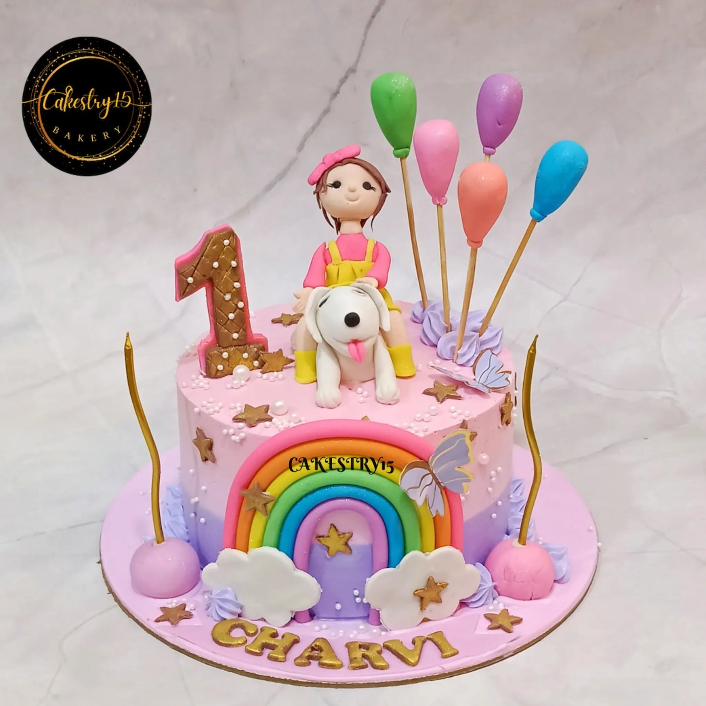 Puppy Play & Rainbow Joy 1kg white forest first birthday cake by cakestry15,noida,cake for her
