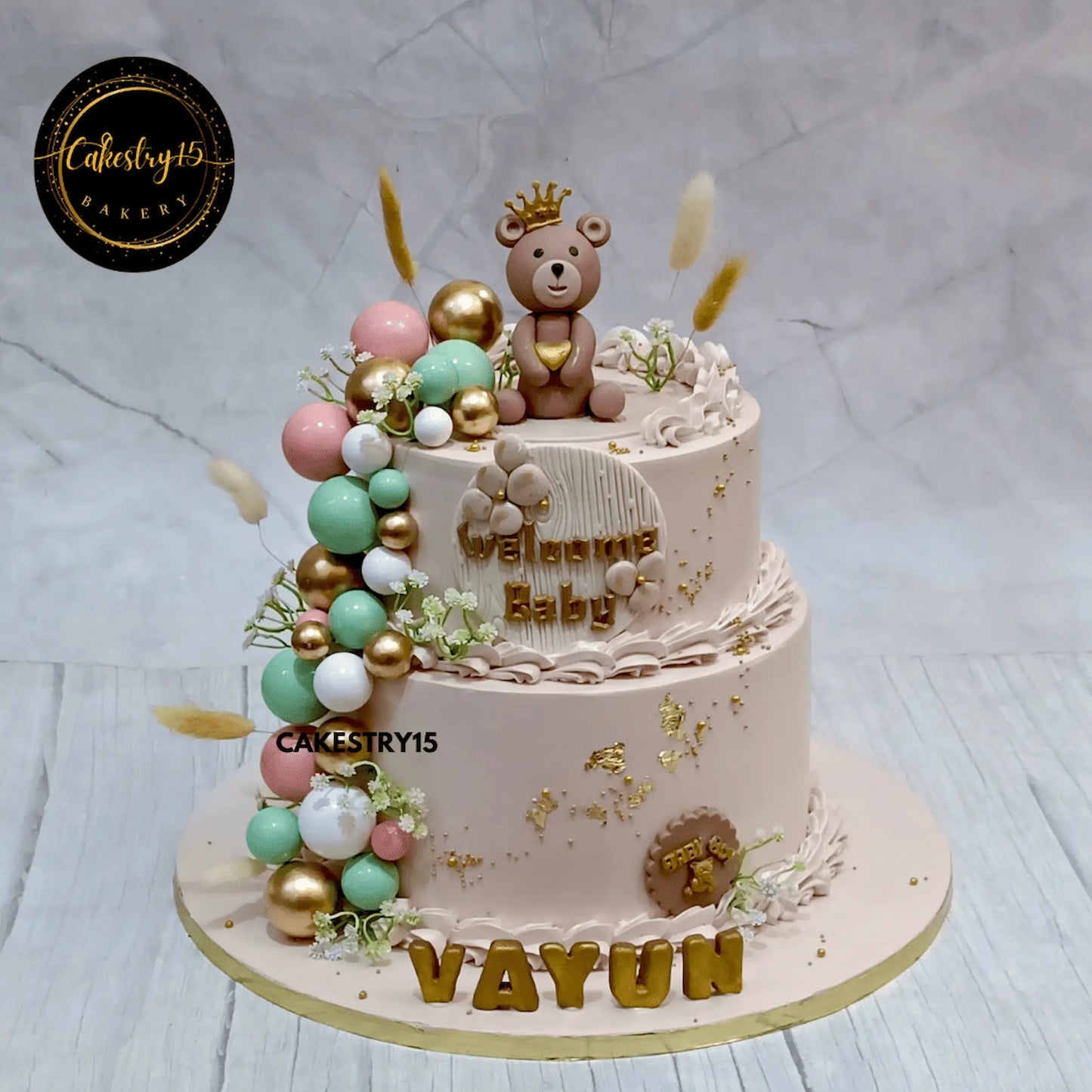Royal Teddy Welcome,5kg choco vanilla flavour,welcome baby theme,cakestry15 noida,cake full image,baby announcement