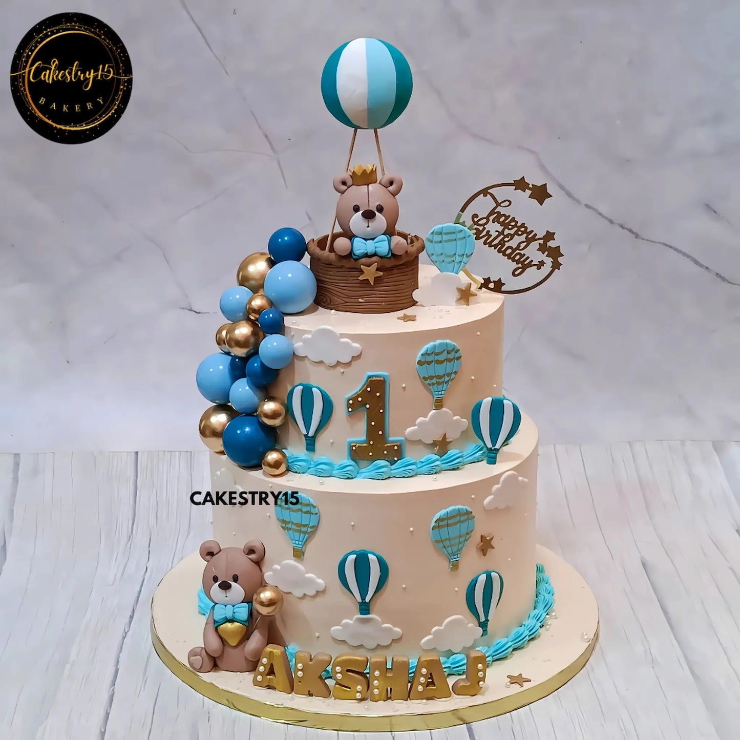 Sky-High Teddy Celebration,3kg black forest teddy theme first birthday cake by cakestry15 noida,cake full image,blue colour