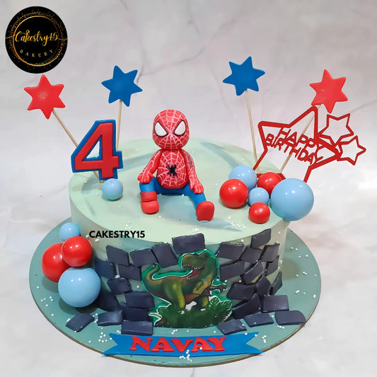 Spiderman Meets Dino Cake,2kg chocolate 4th birthday cake by cakestry1 noida,cake full image