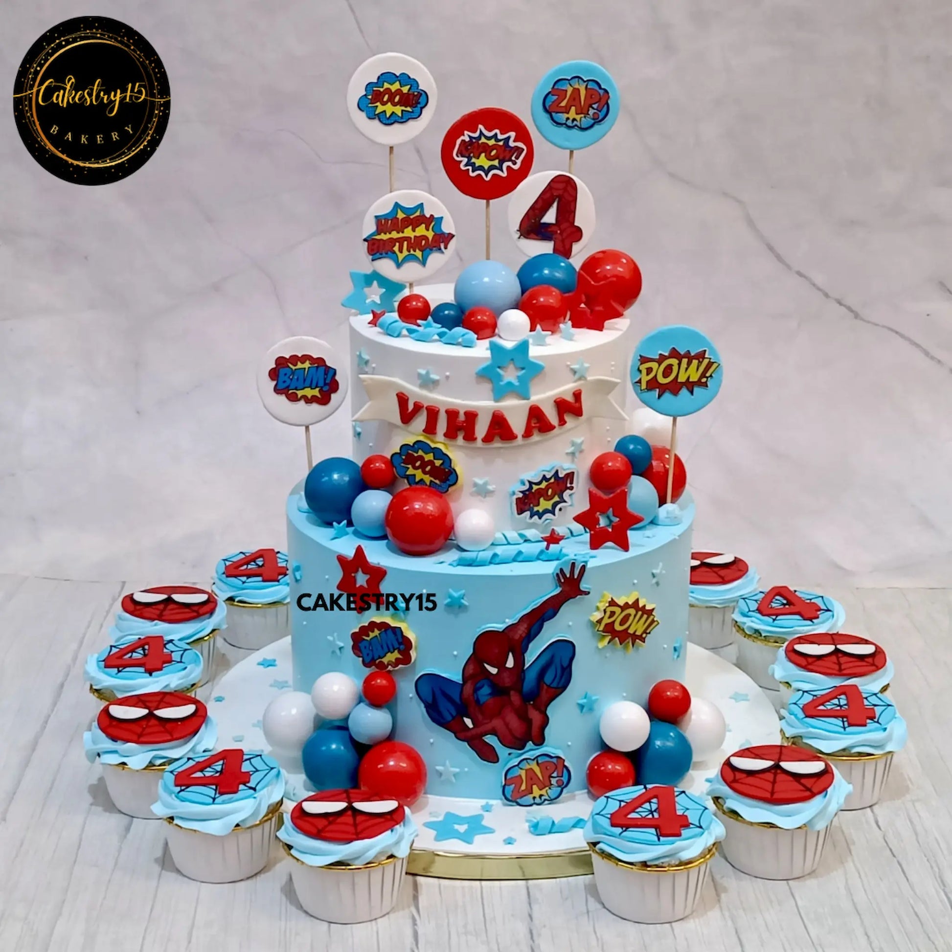 Spidey Blast,4kg choco vanilla flavour,4th birthday cake for a boy by cakestry15 noida,cake full image,themed cupcakes