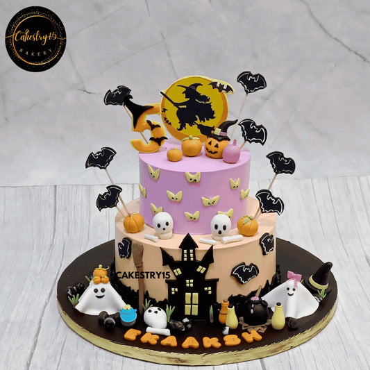 Spooky Haunt Delight,2kg choco chips 2tiered 5th birthday cake for a boy by cakestry15 noida,cake full image,halloween,christmas.festivals