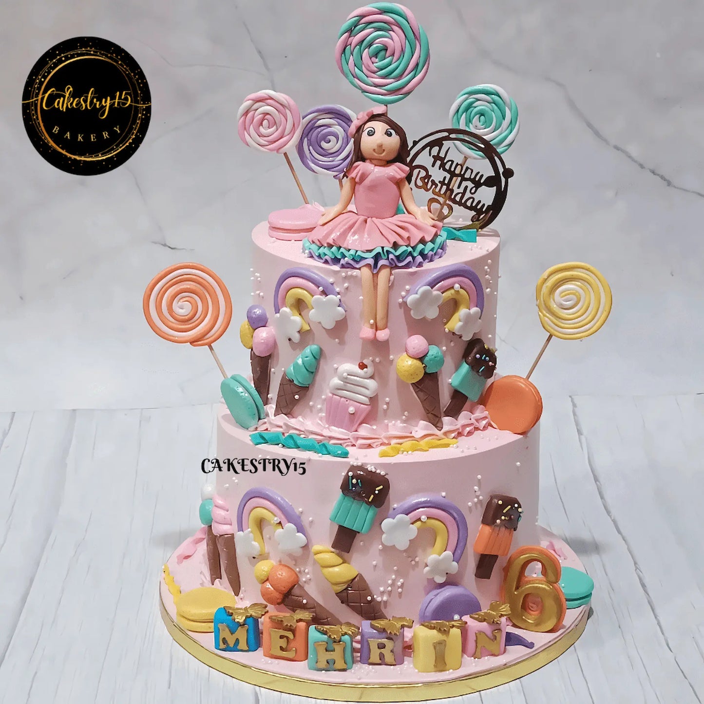 Sweet Swirls & Rainbows 3.5kg choco vanilla 6th birthday Cake by cakestry15,noida,cake full image1