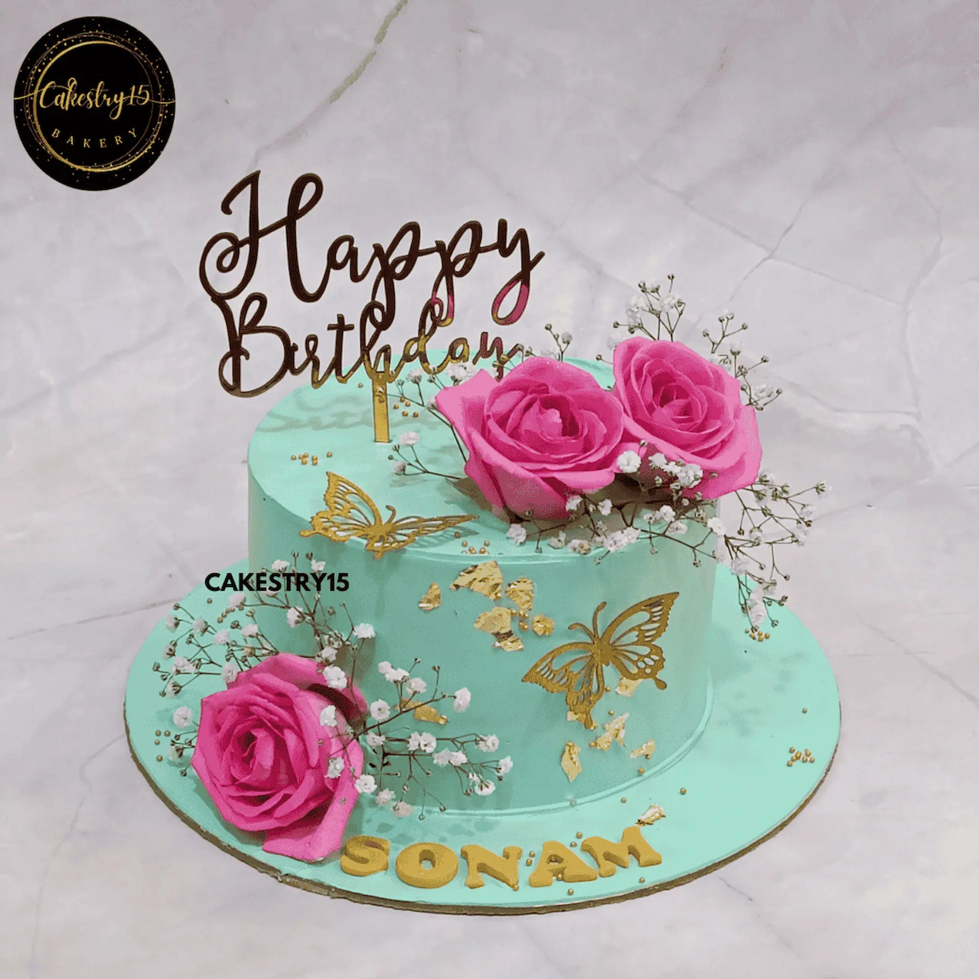 Teal Blossom Delight,one kg pineapple birthday cake for wife by cakestry15 noida,cake full image,cake for anniversary