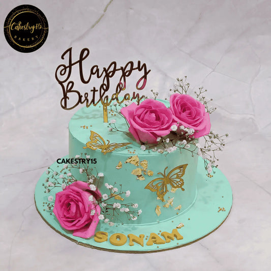Teal Blossom Delight,one kg pineapple birthday cake for wife by cakestry15 noida,cake full image,cake for anniversary