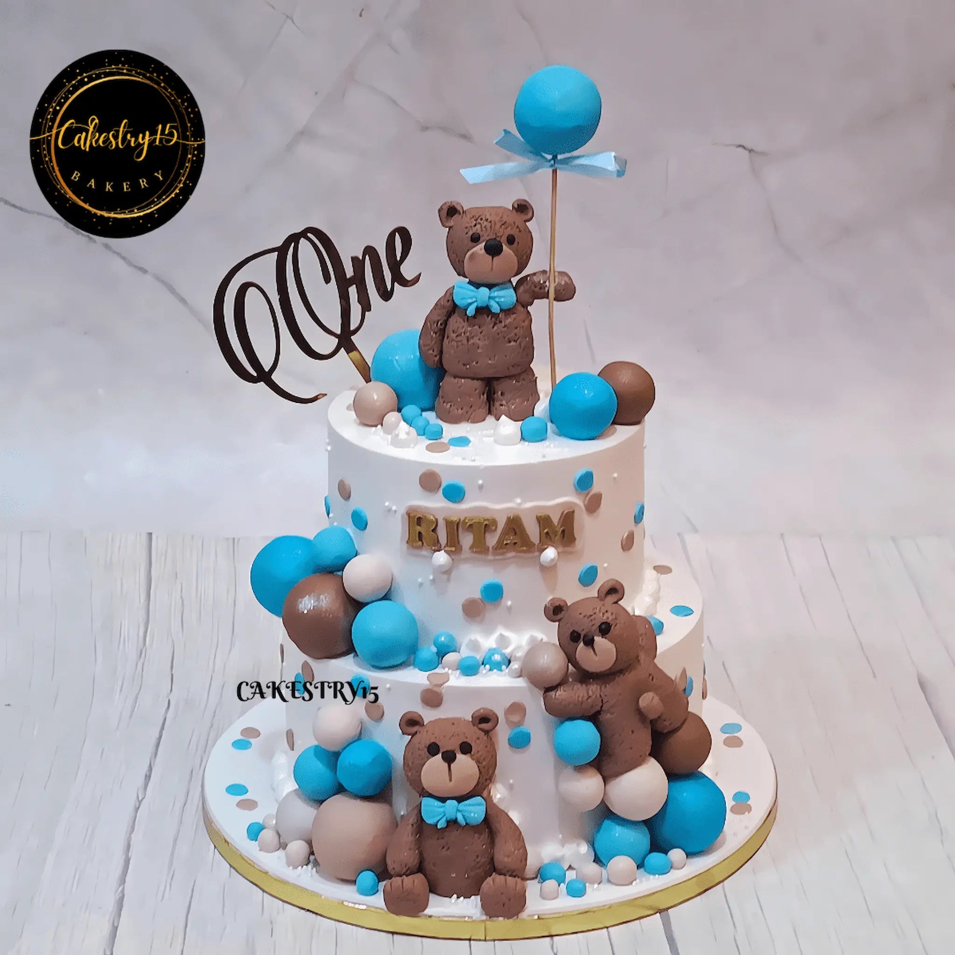 Ballooning with Teddies 3kg mixed fruit first birthday Cake for ivaan by cakestry15,noida,cake full image in blue colour