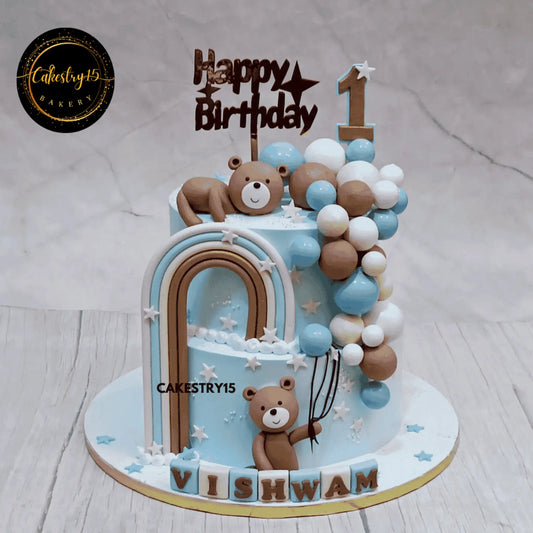Teddy Balloon Fantasy,4kg chocolate flavour,first birthday cake for a boy by cakestry15 noida,cake full image