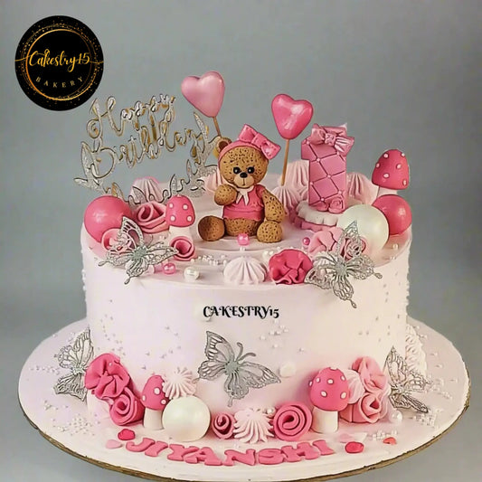 Teddy Pink Theme 2kg chocolate first birthday Cake,cakestry15 noida,cake full image